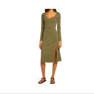 Leith Long Sleeve Slit MIDI Dress Medium Olive